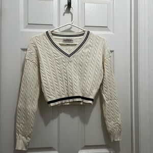 Willow & Wind Cream V-Neck Cable Knit Sweater with Skirt